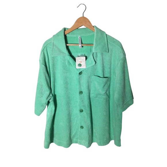 Fabletics Top Women's Size 1X Green Island Terry Cloth Button Up - Picture 1 of 8